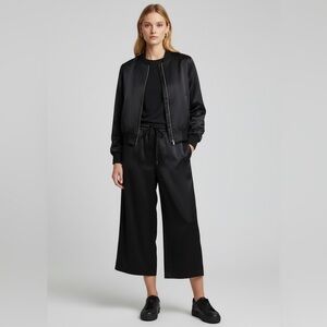 Elegant Black Satin Bomber Jacket and  Crop Pant Set